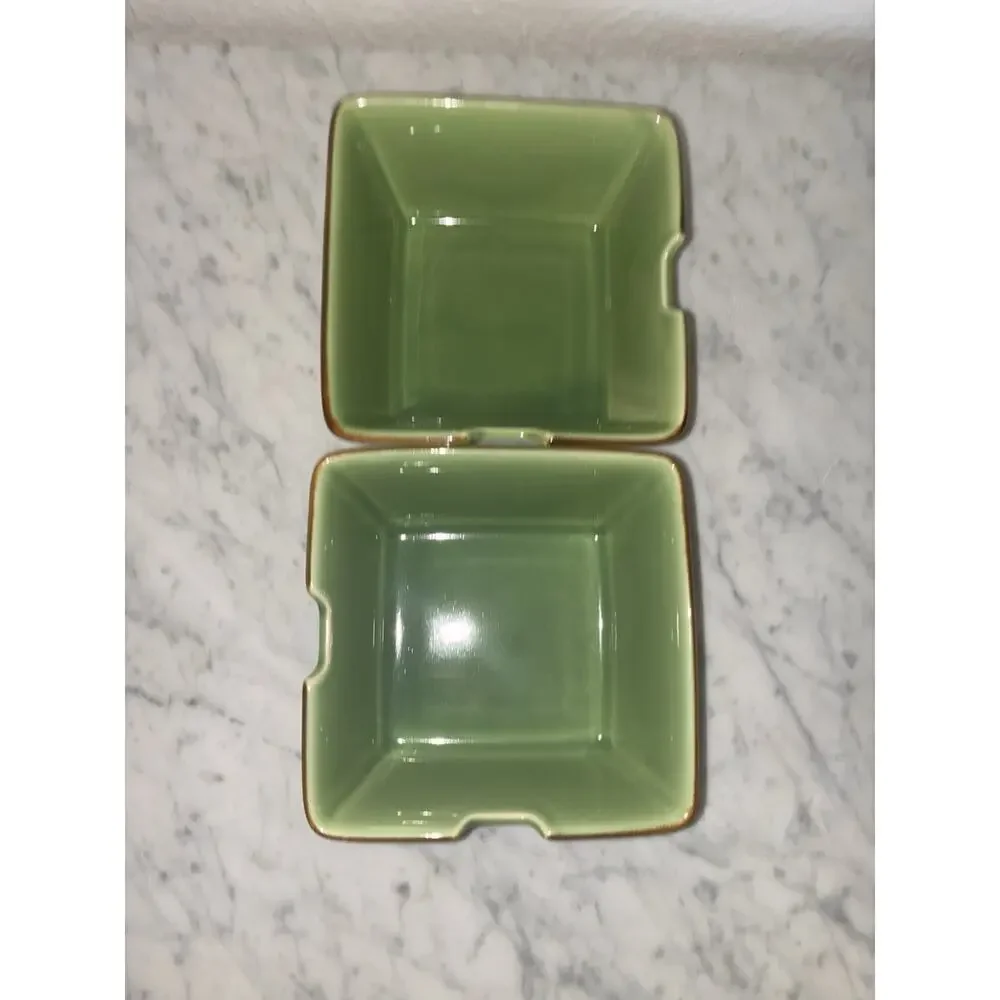 Pottery Barn Square Ramen Rice Noodle Bowl 6” Notch For Chopsticks Green